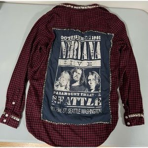 Red Plaid ‘Nirvana’ Grunge Punk Spiked Studded Flannel Shirt Top Blouse Size M